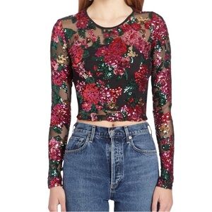 LN Amanda Uprichard Costella Sequin Crop Top in Noir Dahlia Floral - M